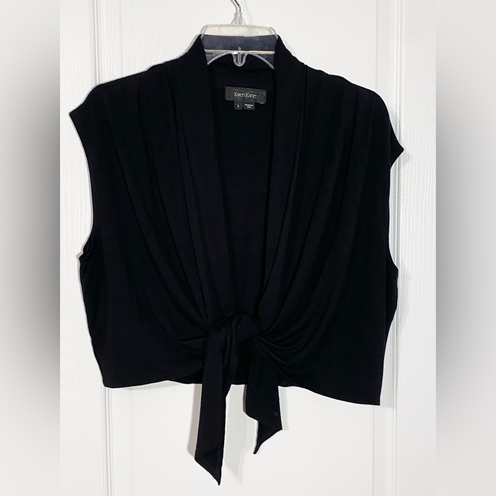 Karen Kane Tie Front Cap Sleeve Jersey Knit Cropped Cardigan USA MADE Black L